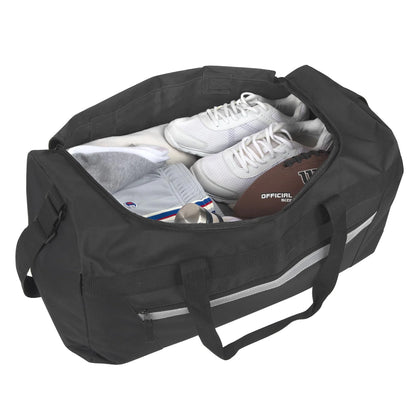 40 Liter 22 Inch Duffle Bag with Reflective Stripe, Front Accessory Pocket, Velcro Handles, Dual Zipper Closure and Luggage Strap for Traveling, Commuting, Sports and Gym Equipment in Black & Silver