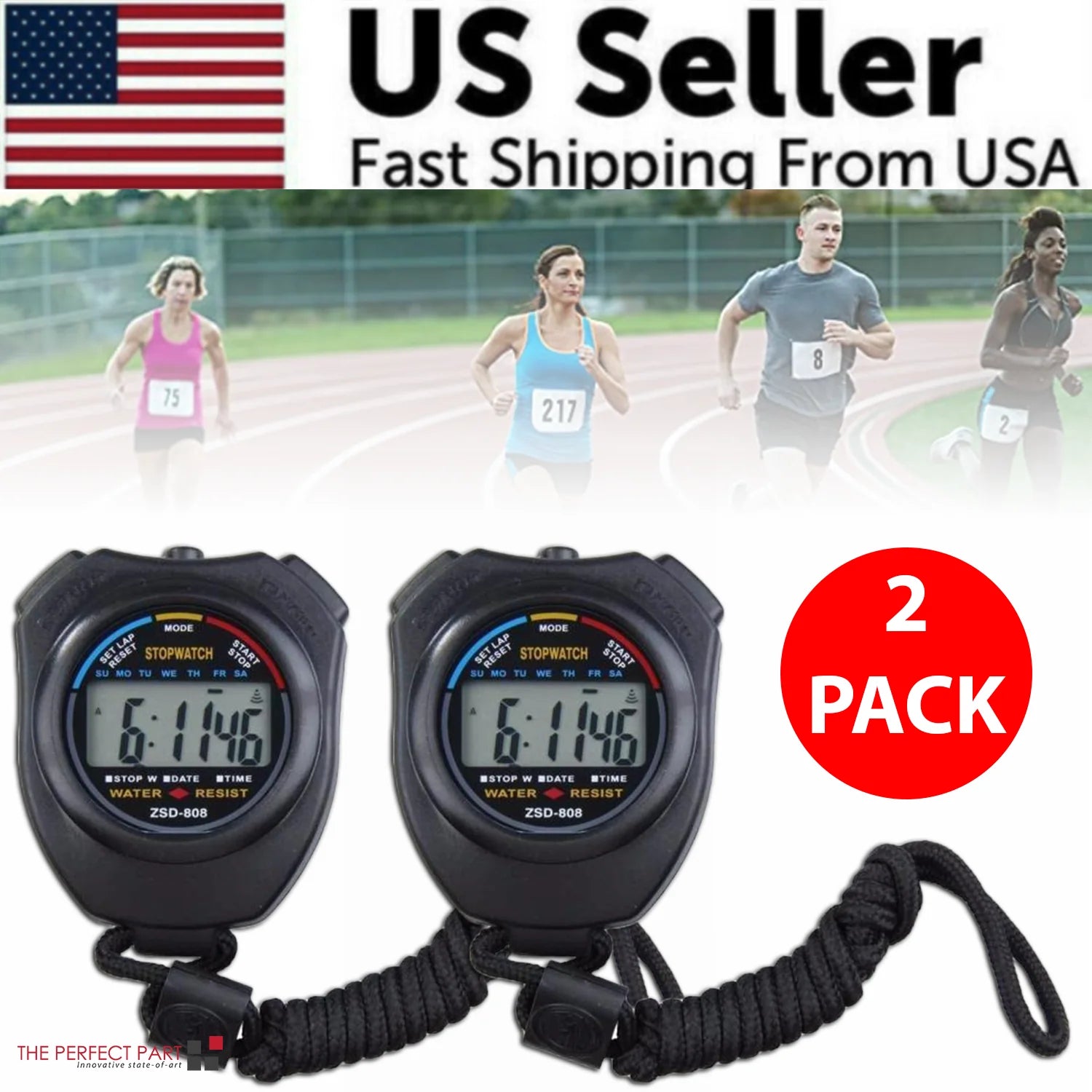 2PCS SET Digital Stopwatch Sports Counter Chronograph Date Timer Odometer Watch