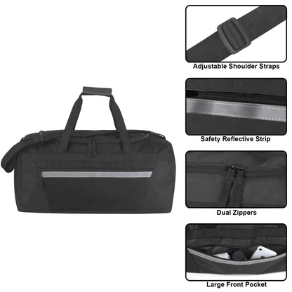 40 Liter 22 Inch Duffle Bag with Reflective Stripe, Front Accessory Pocket, Velcro Handles, Dual Zipper Closure and Luggage Strap for Traveling, Commuting, Sports and Gym Equipment in Black & Silver