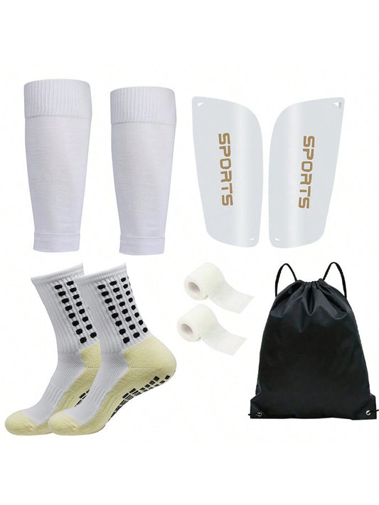 5Pcs/Set Soccer Accessories Set: Waterproof Drawstring Bag, Soccer Leg Warmers, Shin Guards with Board, Mid-Calf Grip Socks Football Socks, Leg Compression Wrap for Sports Training, for Gym