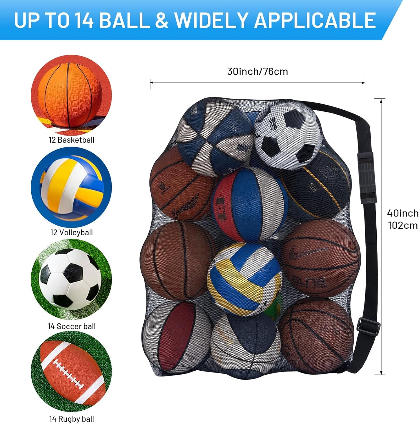 Heavy Duty Football Net Bag (10-12 Balls) Basketball Tennis Bag for Coaches Soccer Ball Bag Net Extra Large Mesh Drawstring Bag